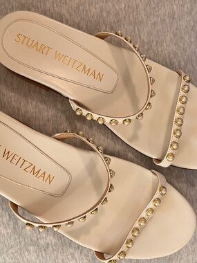 Stuart Weitzman Ivory Pearl-Stud Slide Sandals